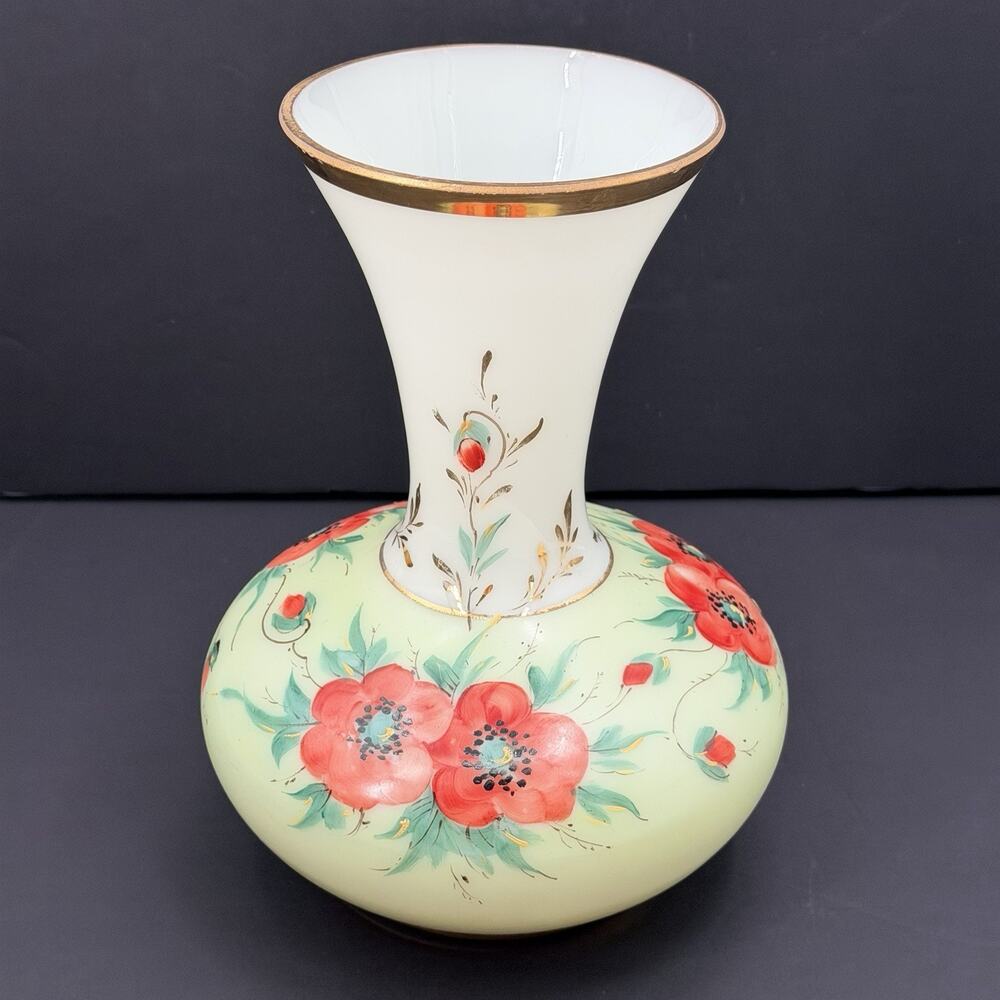 Vintage Milk Glass Vase Partial Satin Hand Painted Floral Poppies Gold Trim 9.5"